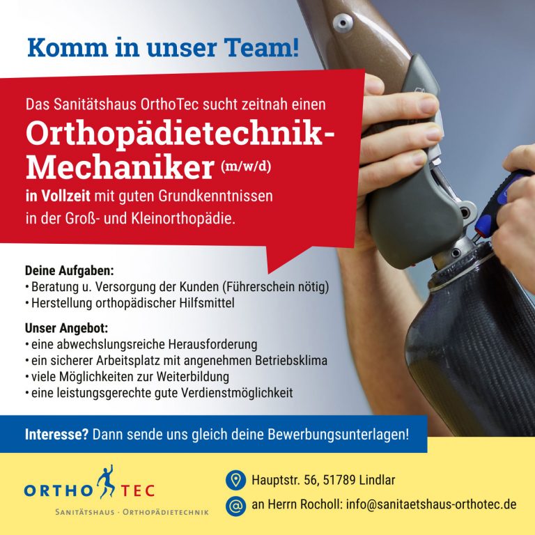 Orthopädietechnik Sanitätshaus OrthoTec sucht Fachverkäufer in Lindlar
